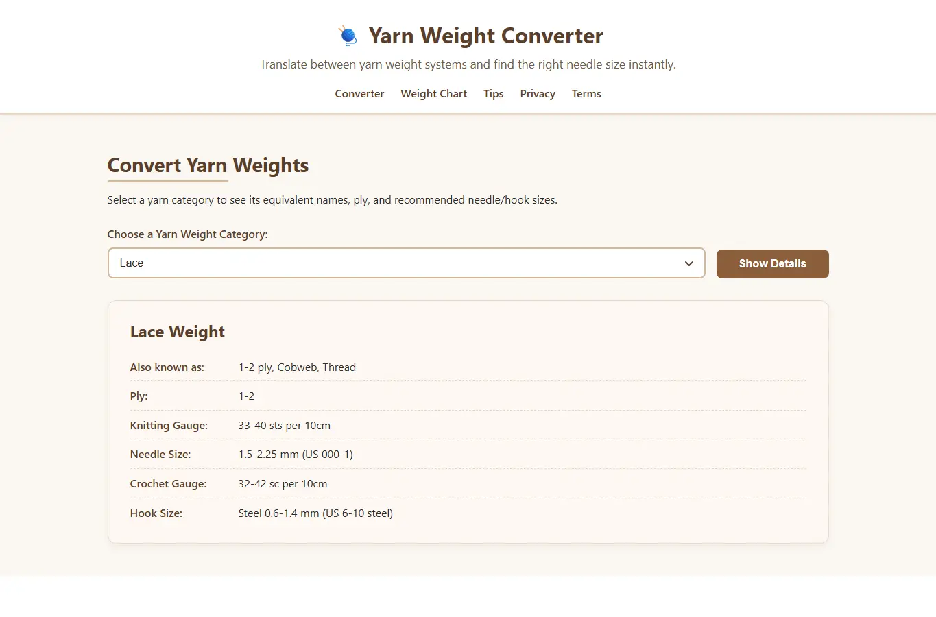 Screenshot of Yarn Weight Converter interface showing the project page in use